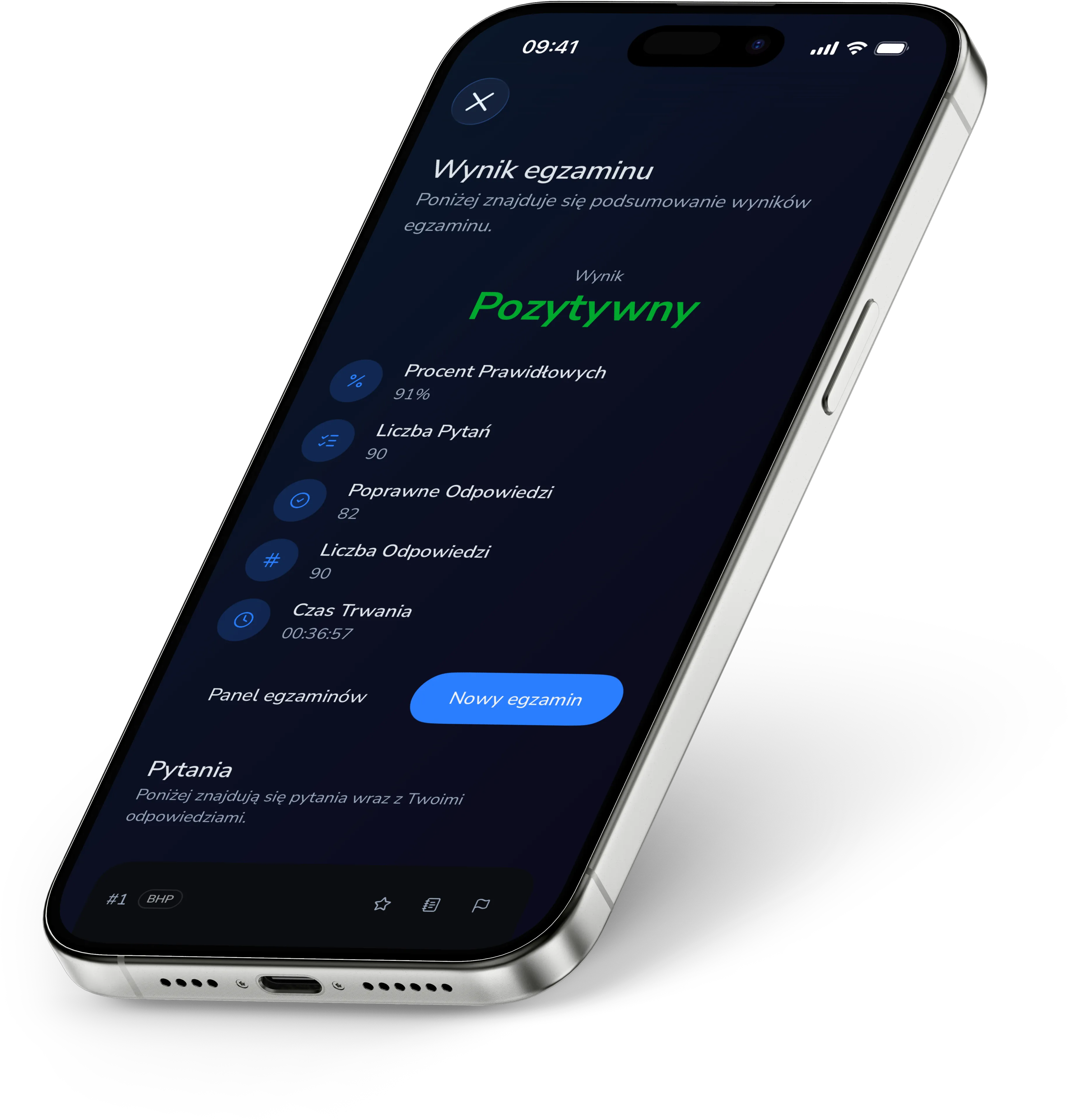 Zrzut ekranu aplikacji mobilnej InżynierPRO - podsumowanie egzaminu