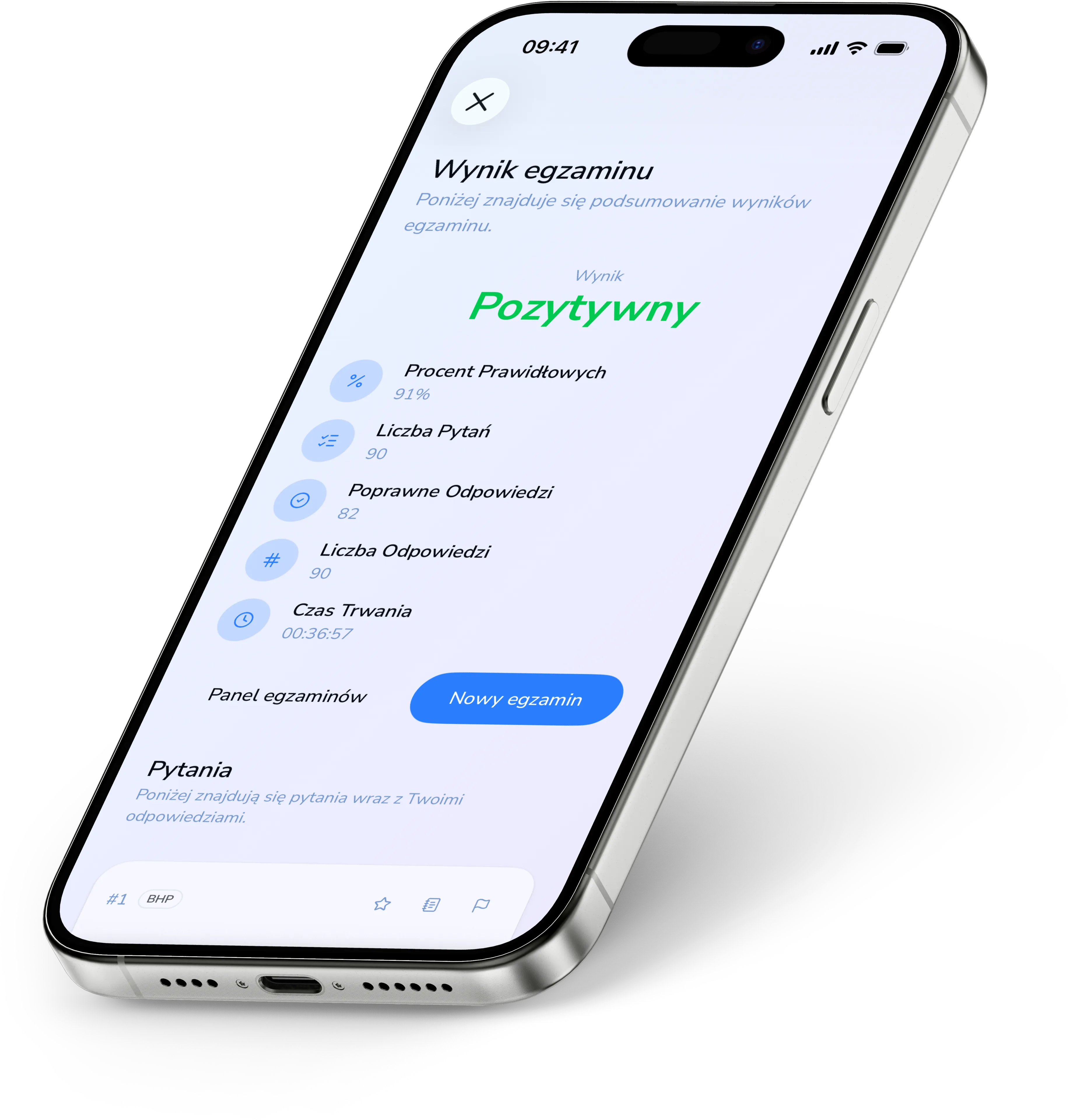 Zrzut ekranu aplikacji mobilnej InżynierPRO - podsumowanie egzaminu