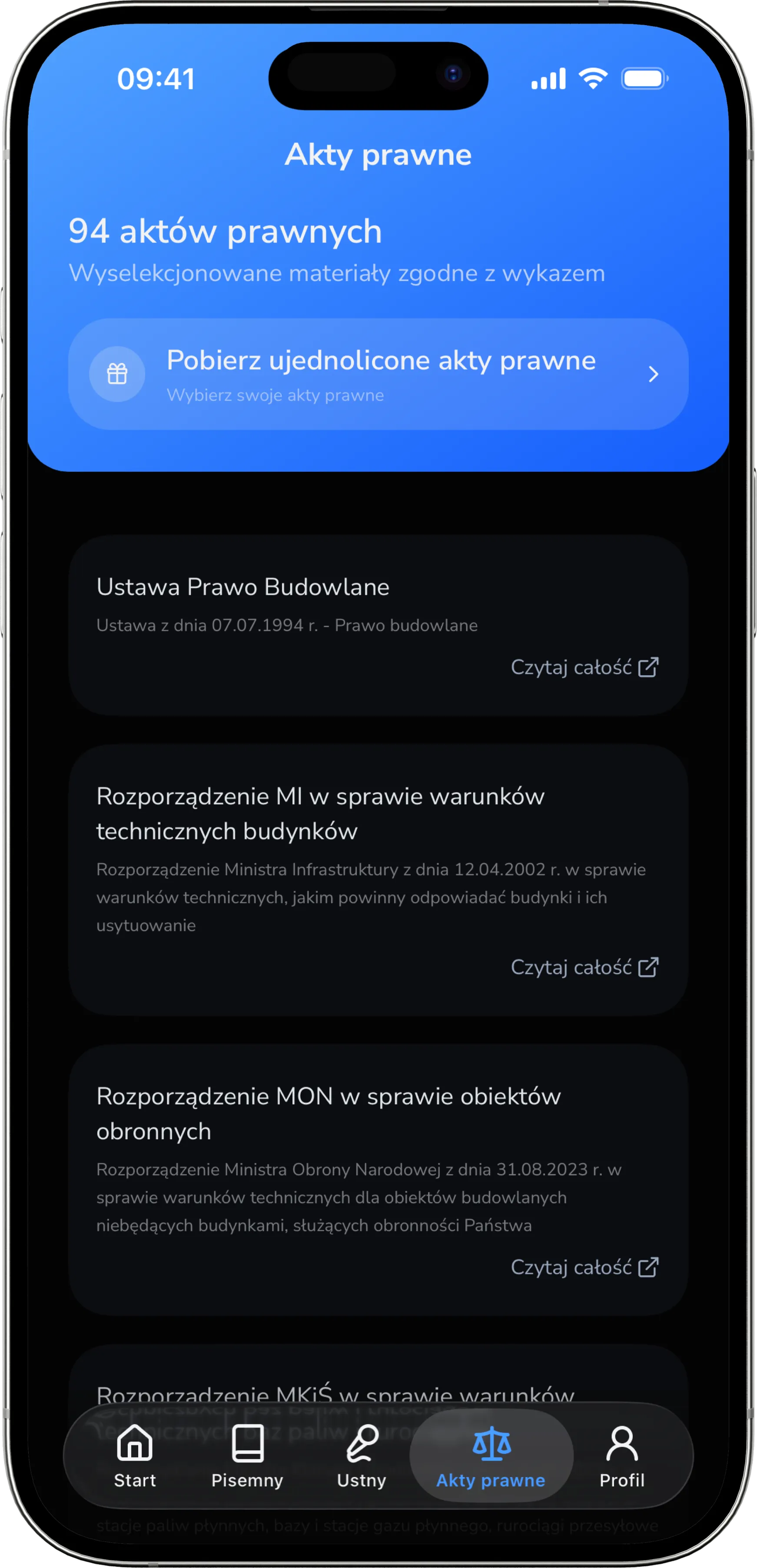 Zrzut ekranu aplikacji mobilnej InżynierPRO - akty prawne