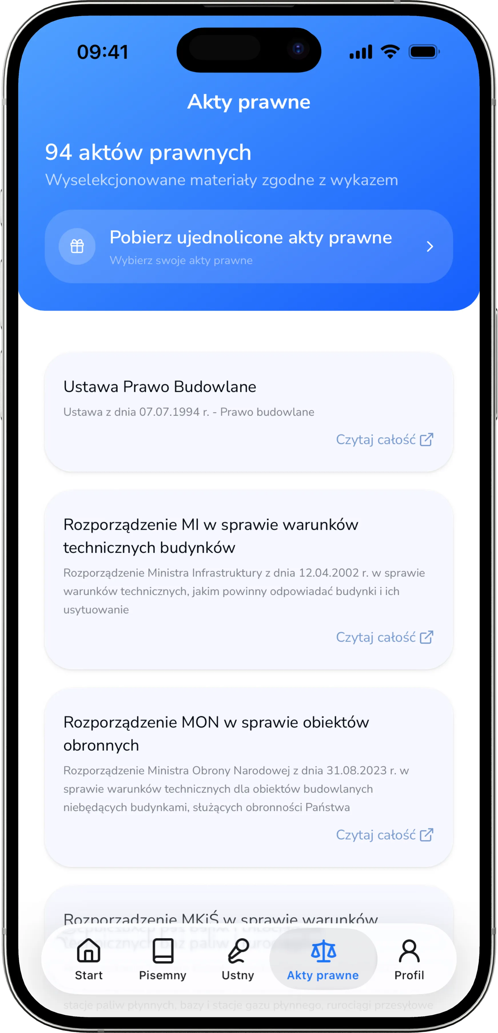 Zrzut ekranu aplikacji mobilnej InżynierPRO - akty prawne
