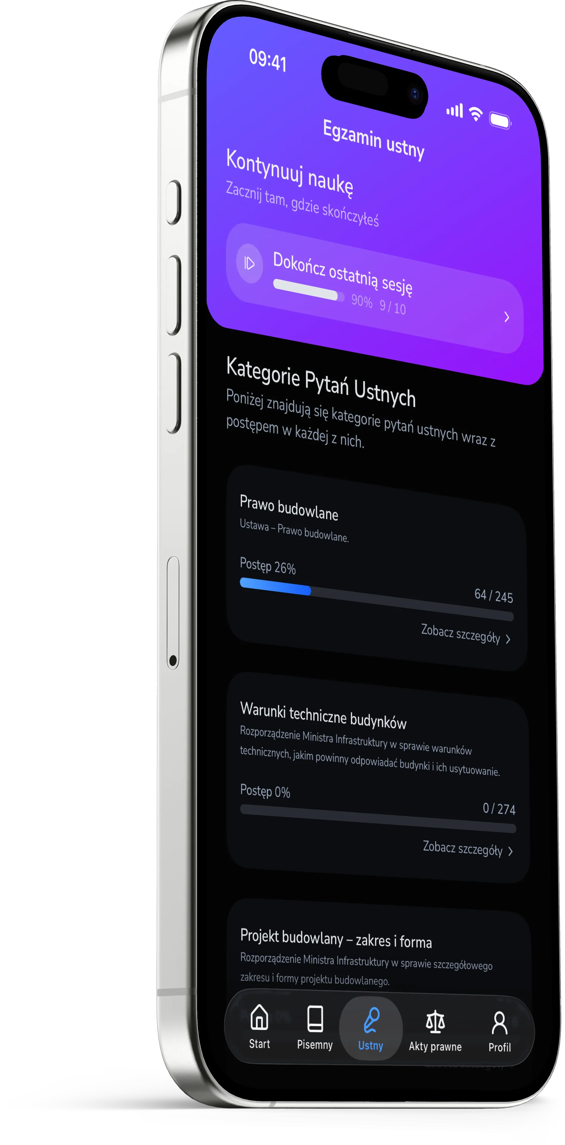 Zrzut ekranu aplikacji mobilnej InżynierPRO - egzamin ustny