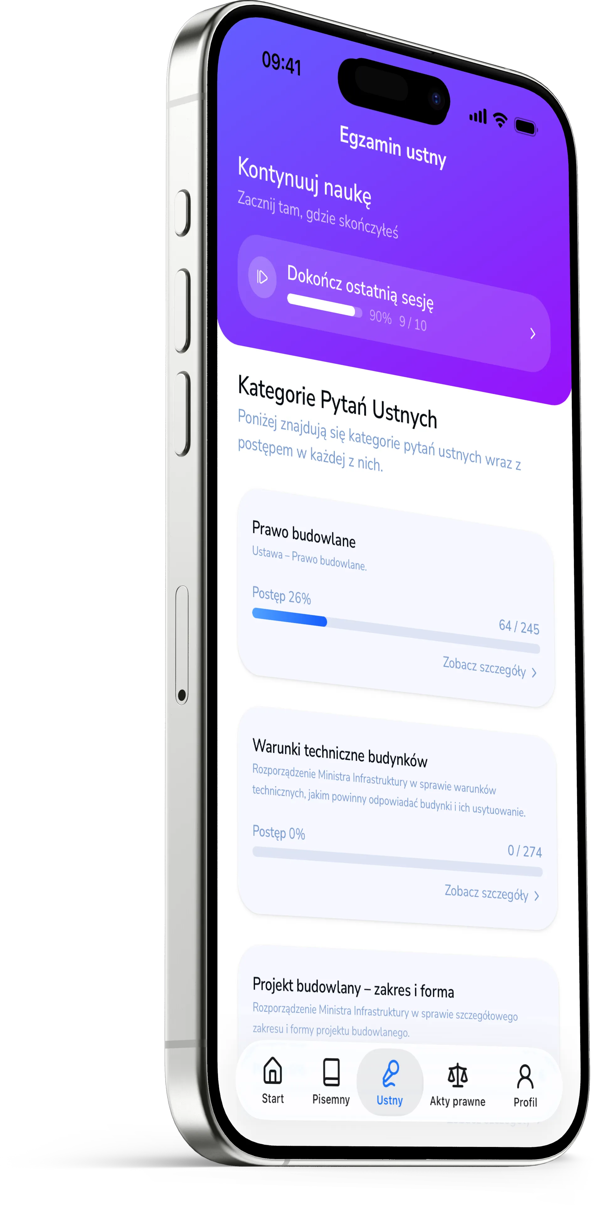 Zrzut ekranu aplikacji mobilnej InżynierPRO - egzamin ustny