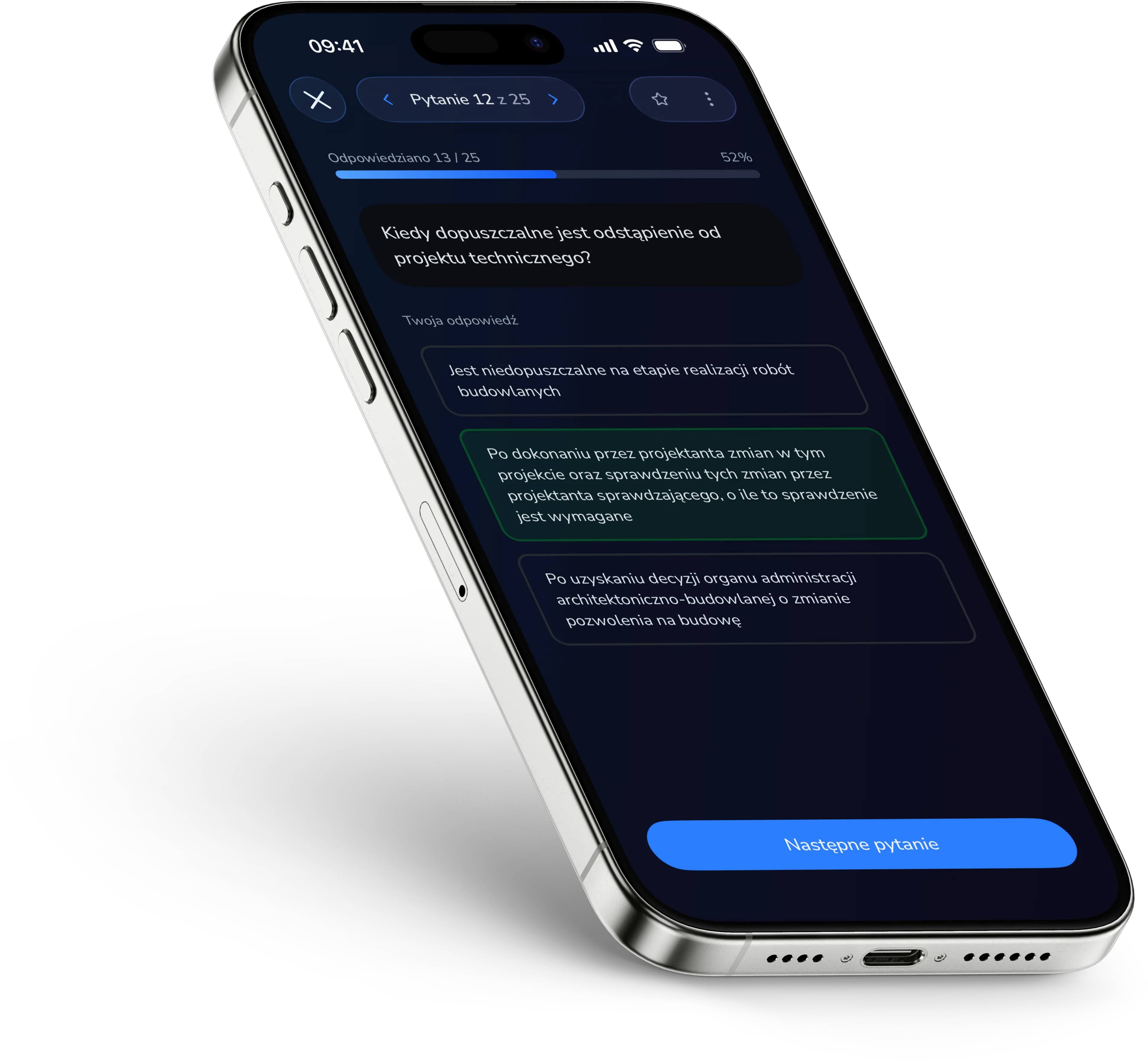 Zrzut ekranu aplikacji mobilnej InżynierPRO - pytanie testowe