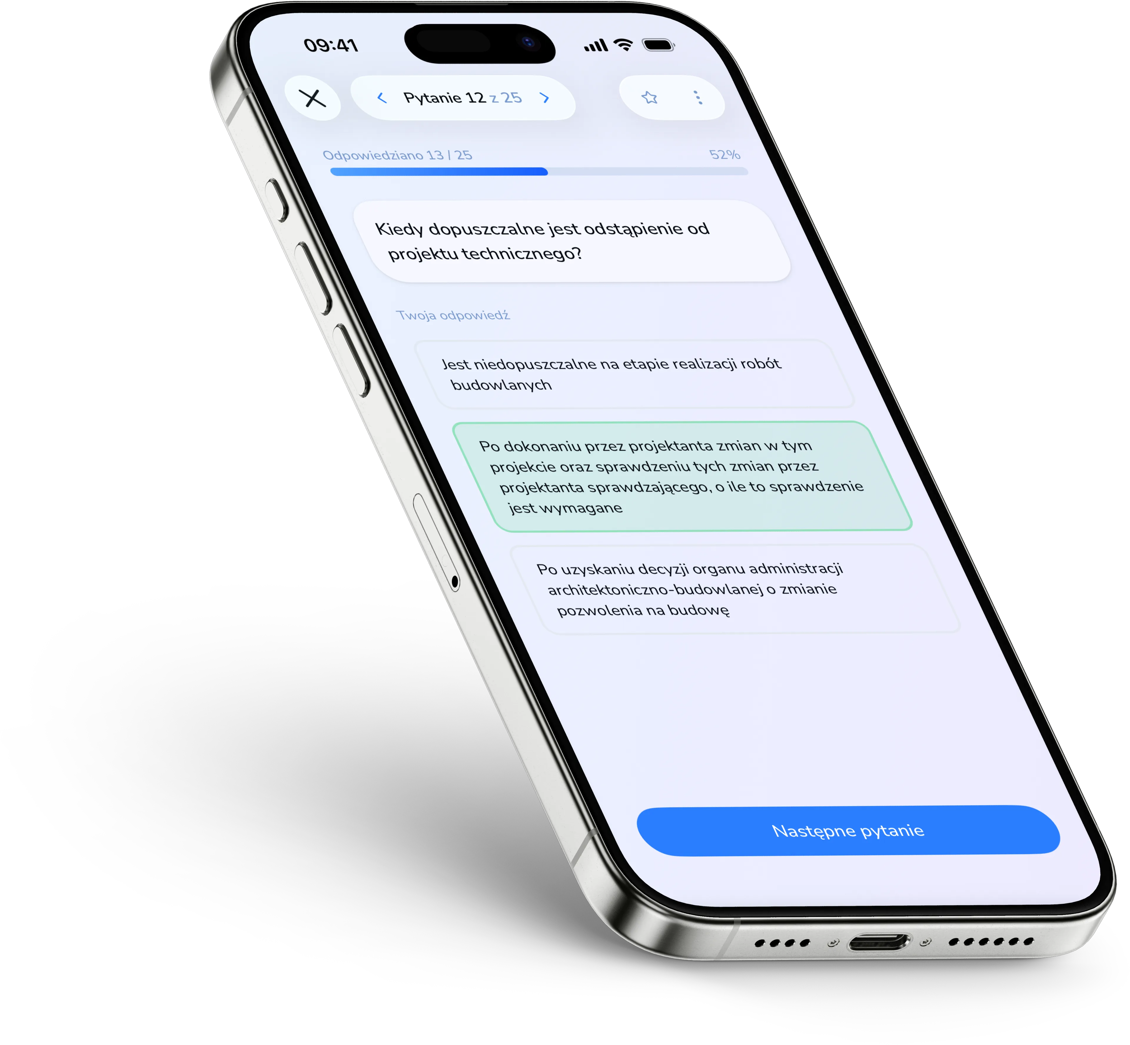 Zrzut ekranu aplikacji mobilnej InżynierPRO - pytanie testowe
