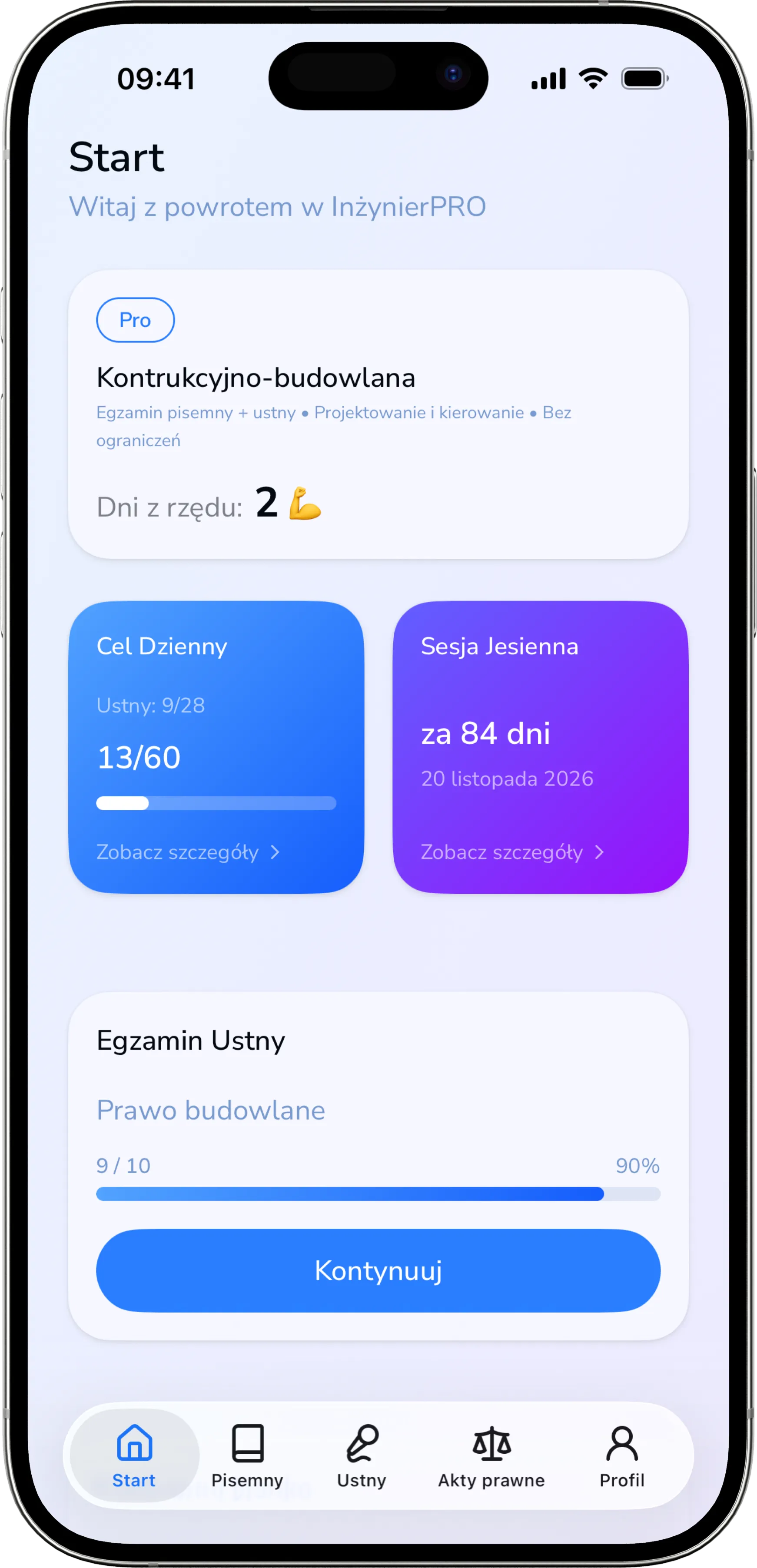 Zrzut ekranu aplikacji mobilnej InżynierPRO - ekran startowy